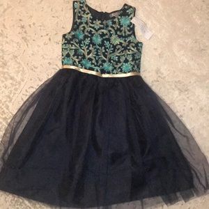 NWT A.T.U.N Brocade Dress Sz 7/8 gd/turquoise/navy